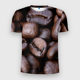 Мужская футболка 3D Slim с принтом Кофейные зёрна в Тюмени, 100% полиэстер с улучшенными характеристиками | приталенный силуэт, круглая горловина, широкие плечи, сужается к линии бедра | Тематика изображения на принте: абстрактные | абстрактный | абстракция | еда | зёрна | зерно | зерновые | кофе | кофеёк | кофейные | напитки | напиток | питьё