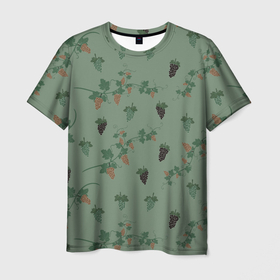 Мужская футболка 3D с принтом Ветви и кисти винограда в Санкт-Петербурге, 100% полиэфир | прямой крой, круглый вырез горловины, длина до линии бедер | grape | summer | ботаническая иллюстрация | весна | виноград | зеленый | коричневый | лето | листья | праздник | принт | природа | растения | черный
