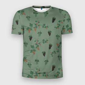 Мужская футболка 3D Slim с принтом Ветви и кисти винограда в Тюмени, 100% полиэстер с улучшенными характеристиками | приталенный силуэт, круглая горловина, широкие плечи, сужается к линии бедра | grape | summer | ботаническая иллюстрация | весна | виноград | зеленый | коричневый | лето | листья | праздник | принт | природа | растения | черный