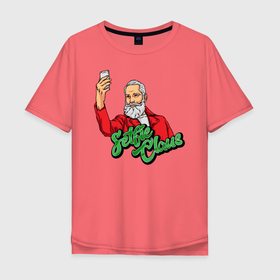 Мужская футболка хлопок Oversize с принтом Санта Клаус в Кировске, 100% хлопок | свободный крой, круглый ворот, “спинка” длиннее передней части | борода | иллюстрация | рождество | санта | селфи | телефон