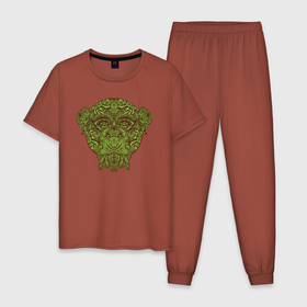 Мужская пижама хлопок с принтом Обезьяна из листьев в Екатеринбурге, 100% хлопок | брюки и футболка прямого кроя, без карманов, на брюках мягкая резинка на поясе и по низу штанин
 | monkey | дерево | листья | обезьяна | природа | растение