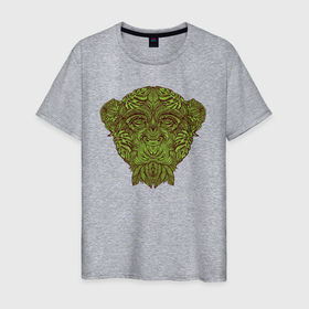 Мужская футболка хлопок с принтом Обезьяна из листьев в Екатеринбурге, 100% хлопок | прямой крой, круглый вырез горловины, длина до линии бедер, слегка спущенное плечо. | monkey | дерево | листья | обезьяна | природа | растение