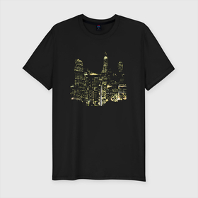 Мужская футболка хлопок Slim с принтом Ночные огни мегаполиса в Тюмени, 92% хлопок, 8% лайкра | приталенный силуэт, круглый вырез ворота, длина до линии бедра, короткий рукав | Тематика изображения на принте: город | мегаполис | ночной город | ночь | окна | темный