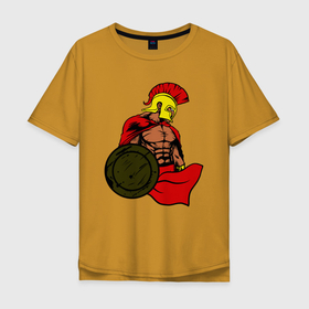 Мужская футболка хлопок Oversize с принтом Спартанец в Санкт-Петербурге, 100% хлопок | свободный крой, круглый ворот, “спинка” длиннее передней части | воин | вояка | гоплит | иллюстрация | спартанец | щит