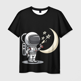 Мужская футболка 3D с принтом Космонавт рисует звезды в Екатеринбурге, 100% полиэфир | прямой крой, круглый вырез горловины, длина до линии бедер | Тематика изображения на принте: астронавт | звезды | космонавт | космос | луна