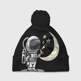 Шапка 3D c помпоном с принтом Космонавт рисует звезды в Петрозаводске, 100% полиэстер | универсальный размер, печать по всей поверхности изделия | астронавт | звезды | космонавт | космос | луна