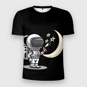 Мужская футболка 3D Slim с принтом Космонавт рисует звезды в Курске, 100% полиэстер с улучшенными характеристиками | приталенный силуэт, круглая горловина, широкие плечи, сужается к линии бедра | Тематика изображения на принте: астронавт | звезды | космонавт | космос | луна