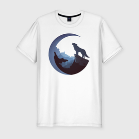 Мужская футболка хлопок Slim с принтом Волк и луна в Петрозаводске, 92% хлопок, 8% лайкра | приталенный силуэт, круглый вырез ворота, длина до линии бедра, короткий рукав | волк | лес | луна | природа | скала