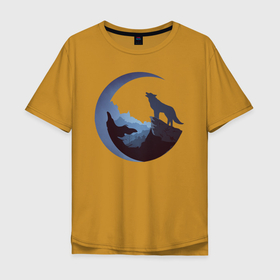 Мужская футболка хлопок Oversize с принтом Волк и луна в Курске, 100% хлопок | свободный крой, круглый ворот, “спинка” длиннее передней части | Тематика изображения на принте: волк | лес | луна | природа | скала