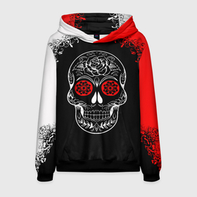 Мужская толстовка 3D с принтом Red White Skull   Череп в Курске, 100% полиэстер | двухслойный капюшон со шнурком для регулировки, мягкие манжеты на рукавах и по низу толстовки, спереди карман-кенгуру с мягким внутренним слоем. | black | cool | halloween | new | patterns | popular | print | red and white | red eyes | rock | rose | skull | teeth | top | trend | зубы | красно белый | красные глаза | крутой | новые | популярный | принт | роза | рок | топ | тренд | узоры | хэллоуин | 