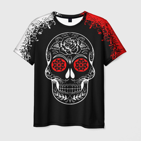 Мужская футболка 3D с принтом Red White Skull   Череп в Санкт-Петербурге, 100% полиэфир | прямой крой, круглый вырез горловины, длина до линии бедер | black | cool | halloween | new | patterns | popular | print | red and white | red eyes | rock | rose | skull | teeth | top | trend | зубы | красно белый | красные глаза | крутой | новые | популярный | принт | роза | рок | топ | тренд | узоры | хэллоуин | 