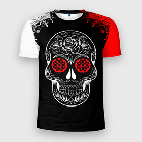 Мужская футболка 3D Slim с принтом Red White Skull   Череп в Курске, 100% полиэстер с улучшенными характеристиками | приталенный силуэт, круглая горловина, широкие плечи, сужается к линии бедра | black | cool | halloween | new | patterns | popular | print | red and white | red eyes | rock | rose | skull | teeth | top | trend | зубы | красно белый | красные глаза | крутой | новые | популярный | принт | роза | рок | топ | тренд | узоры | хэллоуин | 