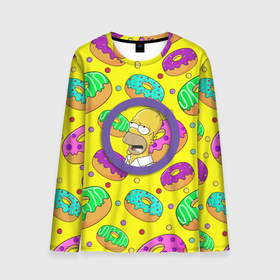 Мужской лонгслив 3D с принтом Гомер ням Пончик , 100% полиэстер | длинные рукава, круглый вырез горловины, полуприлегающий силуэт | cartoon | donut | homer | rainbow | the simpsons | yellow | в тренде | гомер | желтая | мультфильм | пончик | популярные | принт | радужный | симпсоны | топ