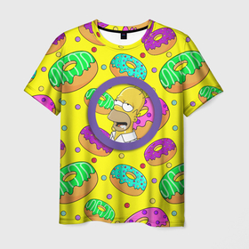 Мужская футболка 3D с принтом Гомер ням Пончик в Кировске, 100% полиэфир | прямой крой, круглый вырез горловины, длина до линии бедер | Тематика изображения на принте: cartoon | donut | homer | rainbow | the simpsons | yellow | в тренде | гомер | желтая | мультфильм | пончик | популярные | принт | радужный | симпсоны | топ