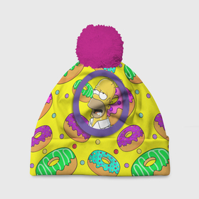 Шапка 3D c помпоном с принтом Гомер ням Пончик в Кировске, 100% полиэстер | универсальный размер, печать по всей поверхности изделия | cartoon | donut | homer | rainbow | the simpsons | yellow | в тренде | гомер | желтая | мультфильм | пончик | популярные | принт | радужный | симпсоны | топ