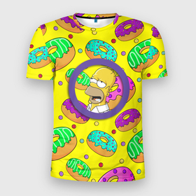 Мужская футболка 3D Slim с принтом Гомер ням Пончик в Новосибирске, 100% полиэстер с улучшенными характеристиками | приталенный силуэт, круглая горловина, широкие плечи, сужается к линии бедра | cartoon | donut | homer | rainbow | the simpsons | yellow | в тренде | гомер | желтая | мультфильм | пончик | популярные | принт | радужный | симпсоны | топ