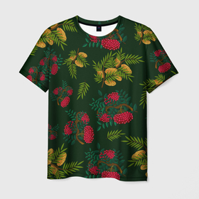 Мужская футболка 3D с принтом ветки рябины и облепихи в Екатеринбурге, 100% полиэфир | прямой крой, круглый вырез горловины, длина до линии бедер | ветки | деревья | зеленый | зима | лес | листья | новый год | облепиха | осень | праздничный | природа | рождество | рябина | темно зеленый | ягоды