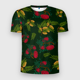 Мужская футболка 3D спортивная с принтом ветки рябины и облепихи в Петрозаводске, 100% полиэстер с улучшенными характеристиками | приталенный силуэт, круглая горловина, широкие плечи, сужается к линии бедра | ветки | деревья | зеленый | зима | лес | листья | новый год | облепиха | осень | праздничный | природа | рождество | рябина | темно зеленый | ягоды