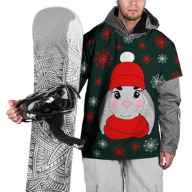 Накидка на куртку 3D с принтом зимний кролик и снежинки в Тюмени, 100% полиэстер |  | заяц | зеленый | зима | красная шапка | красный | кролик | мороз | нарисованный от руки | новый год | праздник | рождество | снег | снегопад | снежинки | холод | шарф