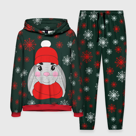 Мужской костюм 3D (с толстовкой) с принтом зимний кролик и снежинки в Екатеринбурге,  |  | заяц | зеленый | зима | красная шапка | красный | кролик | мороз | нарисованный от руки | новый год | праздник | рождество | снег | снегопад | снежинки | холод | шарф