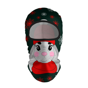 Балаклава 3D с принтом зимний кролик и снежинки в Екатеринбурге, 100% полиэстер, ткань с особыми свойствами — Activecool | плотность 150–180 г/м2; хорошо тянется, но при этом сохраняет форму. Закрывает шею, вокруг отверстия для глаз кайма. Единый размер | заяц | зеленый | зима | красная шапка | красный | кролик | мороз | нарисованный от руки | новый год | праздник | рождество | снег | снегопад | снежинки | холод | шарф