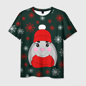 Мужская футболка 3D с принтом зимний кролик и снежинки в Белгороде, 100% полиэфир | прямой крой, круглый вырез горловины, длина до линии бедер | заяц | зеленый | зима | красная шапка | красный | кролик | мороз | нарисованный от руки | новый год | праздник | рождество | снег | снегопад | снежинки | холод | шарф