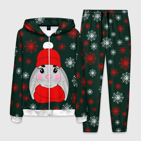 Мужской костюм 3D с принтом зимний кролик и снежинки в Екатеринбурге, 100% полиэстер | Манжеты и пояс оформлены тканевой резинкой, двухслойный капюшон со шнурком для регулировки, карманы спереди | заяц | зеленый | зима | красная шапка | красный | кролик | мороз | нарисованный от руки | новый год | праздник | рождество | снег | снегопад | снежинки | холод | шарф
