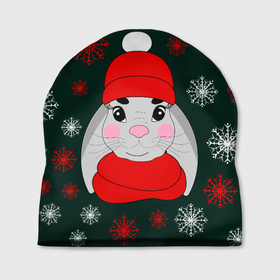 Шапка 3D с принтом зимний кролик и снежинки в Курске, 100% полиэстер | универсальный размер, печать по всей поверхности изделия | заяц | зеленый | зима | красная шапка | красный | кролик | мороз | нарисованный от руки | новый год | праздник | рождество | снег | снегопад | снежинки | холод | шарф