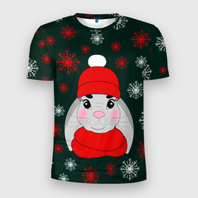 Мужская футболка 3D Slim с принтом зимний кролик и снежинки в Екатеринбурге, 100% полиэстер с улучшенными характеристиками | приталенный силуэт, круглая горловина, широкие плечи, сужается к линии бедра | заяц | зеленый | зима | красная шапка | красный | кролик | мороз | нарисованный от руки | новый год | праздник | рождество | снег | снегопад | снежинки | холод | шарф