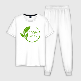 Мужская пижама хлопок с принтом 100 Натурал в Курске, 100% хлопок | брюки и футболка прямого кроя, без карманов, на брюках мягкая резинка на поясе и по низу штанин
 | natural | листья | натурал | натуральное | прикол | растения | шутка | эко | экология