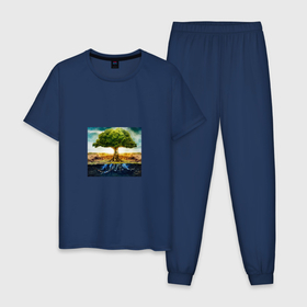 Мужская пижама хлопок с принтом Древо баланса в Тюмени, 100% хлопок | брюки и футболка прямого кроя, без карманов, на брюках мягкая резинка на поясе и по низу штанин
 | Тематика изображения на принте: древо | зелень | почва | синие корни | солнце