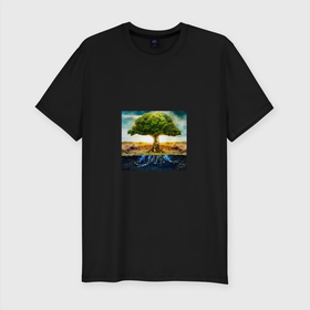 Мужская футболка хлопок Slim с принтом Древо баланса в Тюмени, 92% хлопок, 8% лайкра | приталенный силуэт, круглый вырез ворота, длина до линии бедра, короткий рукав | древо | зелень | почва | синие корни | солнце