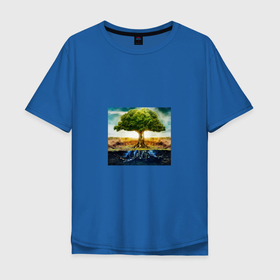 Мужская футболка хлопок Oversize с принтом Древо баланса в Тюмени, 100% хлопок | свободный крой, круглый ворот, “спинка” длиннее передней части | Тематика изображения на принте: древо | зелень | почва | синие корни | солнце