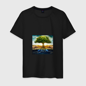 Мужская футболка хлопок с принтом Древо баланса в Тюмени, 100% хлопок | прямой крой, круглый вырез горловины, длина до линии бедер, слегка спущенное плечо. | древо | зелень | почва | синие корни | солнце