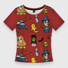 Женская футболка 3D Slim с принтом Хэллоуин в Екатеринбурге,  |  | boo | halloween | potion | pumpkin | scary | spookyseason | witch | ведьма | девочка | зелье | кот | страшно | тыква | хэллоуин | череп