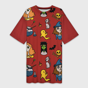 Платье-футболка 3D с принтом Хэллоуин в Кировске,  |  | boo | halloween | potion | pumpkin | scary | spookyseason | witch | ведьма | девочка | зелье | кот | страшно | тыква | хэллоуин | череп