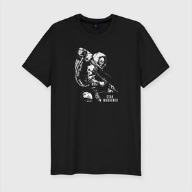 Мужская футболка хлопок Slim с принтом Звездный странник в Курске, 92% хлопок, 8% лайкра | приталенный силуэт, круглый вырез ворота, длина до линии бедра, короткий рукав | астронавт | звездный странник | космонавт | космос | скелет | череп