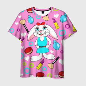 Мужская футболка 3D с принтом кролик и косметика в Новосибирске, 100% полиэфир | прямой крой, круглый вырез горловины, длина до линии бедер | белые сердца | веселый | девочка | детский | духи | зайчик | кисть | косметика | косметичка | кролик | мультяшный | нежный | помада | пудра | разноцветный | розовый | румяна | сердечки