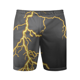 Мужские шорты спортивные с принтом Яркая молния в Петрозаводске,  |  | гроза | гром | желтый | молния | рисунок | узор | чёрный | электрический заряд | электричество | яркая молния | яркий свет | ярко