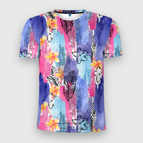 Мужская футболка 3D Slim с принтом путешественник в Тюмени, 100% полиэстер с улучшенными характеристиками | приталенный силуэт, круглая горловина, широкие плечи, сужается к линии бедра | гуашь | краска | листья | осень | паттерн | путешественник | развод | цветы
