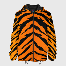 Мужская куртка 3D с принтом Шкура тигра в Кировске, ткань верха — 100% полиэстер, подклад — флис | прямой крой, подол и капюшон оформлены резинкой с фиксаторами, два кармана без застежек по бокам, один большой потайной карман на груди. Карман на груди застегивается на липучку | 2022 | tiger | животное | полосатый | полоски | полосы | тигр | хищник