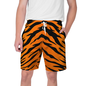 Мужские шорты 3D с принтом Шкура тигра ,  полиэстер 100% | прямой крой, два кармана без застежек по бокам. Мягкая трикотажная резинка на поясе, внутри которой широкие завязки. Длина чуть выше колен | 2022 | tiger | животное | полосатый | полоски | полосы | тигр | хищник