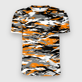 Мужская футболка 3D Slim с принтом Тигровый камуфляж в Новосибирске, 100% полиэстер с улучшенными характеристиками | приталенный силуэт, круглая горловина, широкие плечи, сужается к линии бедра | 2022 | tiger | камуфляж | милитари | паттерн | полосатый | полоски | полосы | тигр