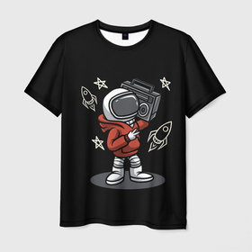 Мужская футболка 3D с принтом Астронавт с магнитофоном в Белгороде, 100% полиэфир | прямой крой, круглый вырез горловины, длина до линии бедер | Тематика изображения на принте: астронавт | звезды | космонавт | магнитофон | ракеты