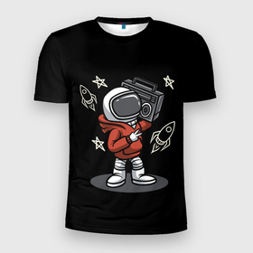 Мужская футболка 3D Slim с принтом Астронавт с магнитофоном в Белгороде, 100% полиэстер с улучшенными характеристиками | приталенный силуэт, круглая горловина, широкие плечи, сужается к линии бедра | Тематика изображения на принте: астронавт | звезды | космонавт | магнитофон | ракеты