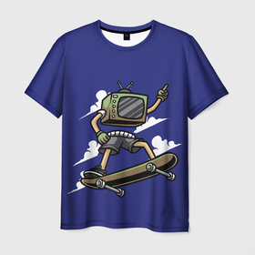 Мужская футболка 3D с принтом Телевизор скейтбордист , 100% полиэфир | прямой крой, круглый вырез горловины, длина до линии бедер | Тематика изображения на принте: urban style | облака | скейт | скейтборд | телевизор