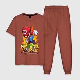 Мужская пижама хлопок с принтом Angry Mario в Екатеринбурге, 100% хлопок | брюки и футболка прямого кроя, без карманов, на брюках мягкая резинка на поясе и по низу штанин
 | angry | dendy | mario | nintendo | злой | марио | нинтендо