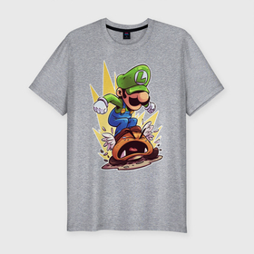 Мужская футболка хлопок Slim с принтом Angry Luigi в Курске, 92% хлопок, 8% лайкра | приталенный силуэт, круглый вырез ворота, длина до линии бедра, короткий рукав | angry | dendy | luigi | mario | nintendo | злой | луиджи | марио | нинтендо