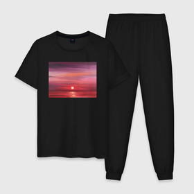 Мужская пижама хлопок с принтом Сочный закат на море в Курске, 100% хлопок | брюки и футболка прямого кроя, без карманов, на брюках мягкая резинка на поясе и по низу штанин
 | авторская работа | белый | бордовый | вечер | вечер на море | вода | живопись | закат | закат на море | картина маслом | картина футболке | красный | море | море и солнце | небо | оранжевый