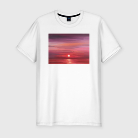 Мужская футболка хлопок Slim с принтом Сочный закат на море в Екатеринбурге, 92% хлопок, 8% лайкра | приталенный силуэт, круглый вырез ворота, длина до линии бедра, короткий рукав | авторская работа | белый | бордовый | вечер | вечер на море | вода | живопись | закат | закат на море | картина маслом | картина футболке | красный | море | море и солнце | небо | оранжевый